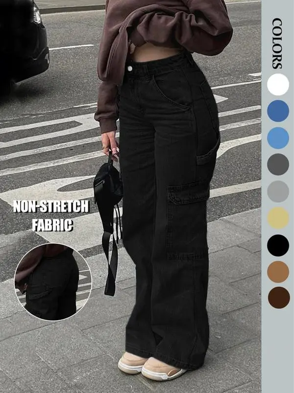 Women’s High-Waist Wide Leg Cargo Jeans with 6 Pockets