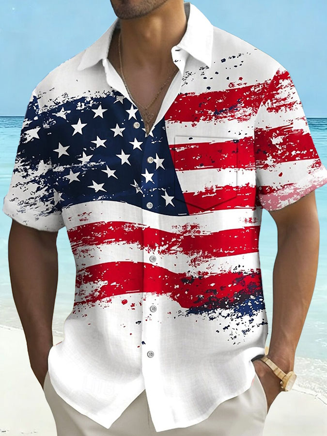 Men'S Hawaii Vacation US Independence Day Celebration Commemorative Printed Short Sleeve Shirt (Pocket Included)