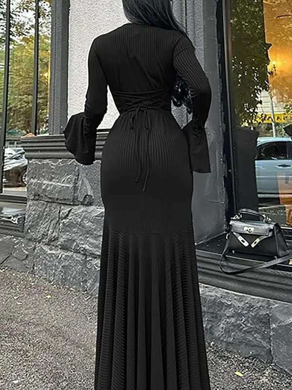 Women's Plain Lace Up Flounce Sleeve Dress