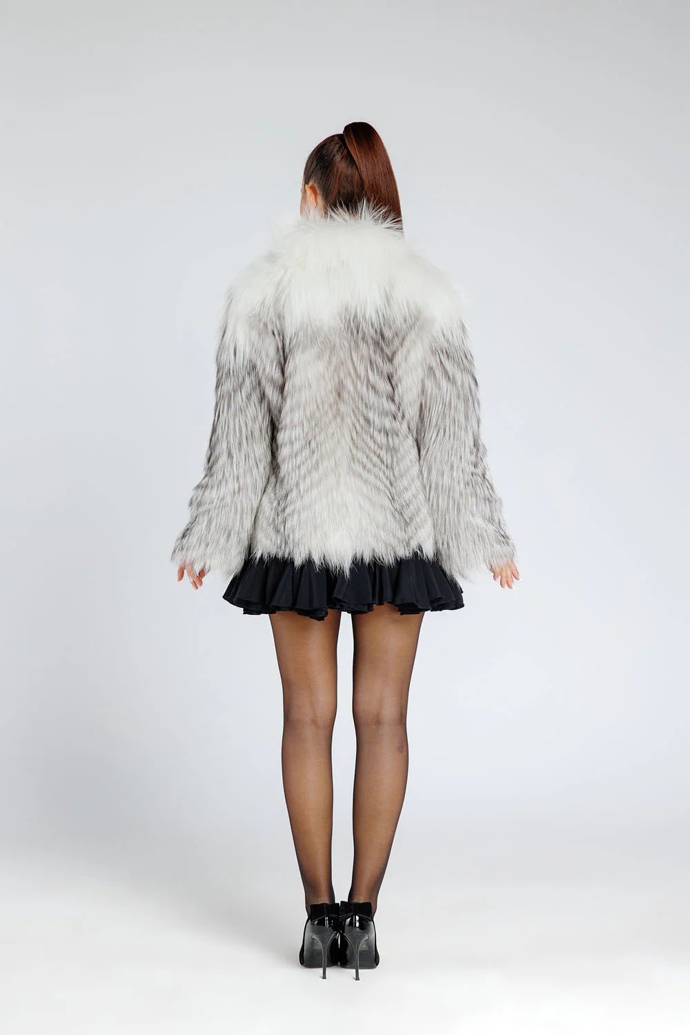 Haină din Blană Naturală de Vulpe, Guler Tunică, Femei, Arctic White 386