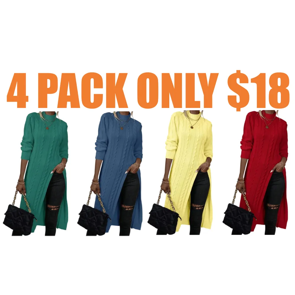 Sweater Mock Neck Split Hem Cable Knit Longline for Fall