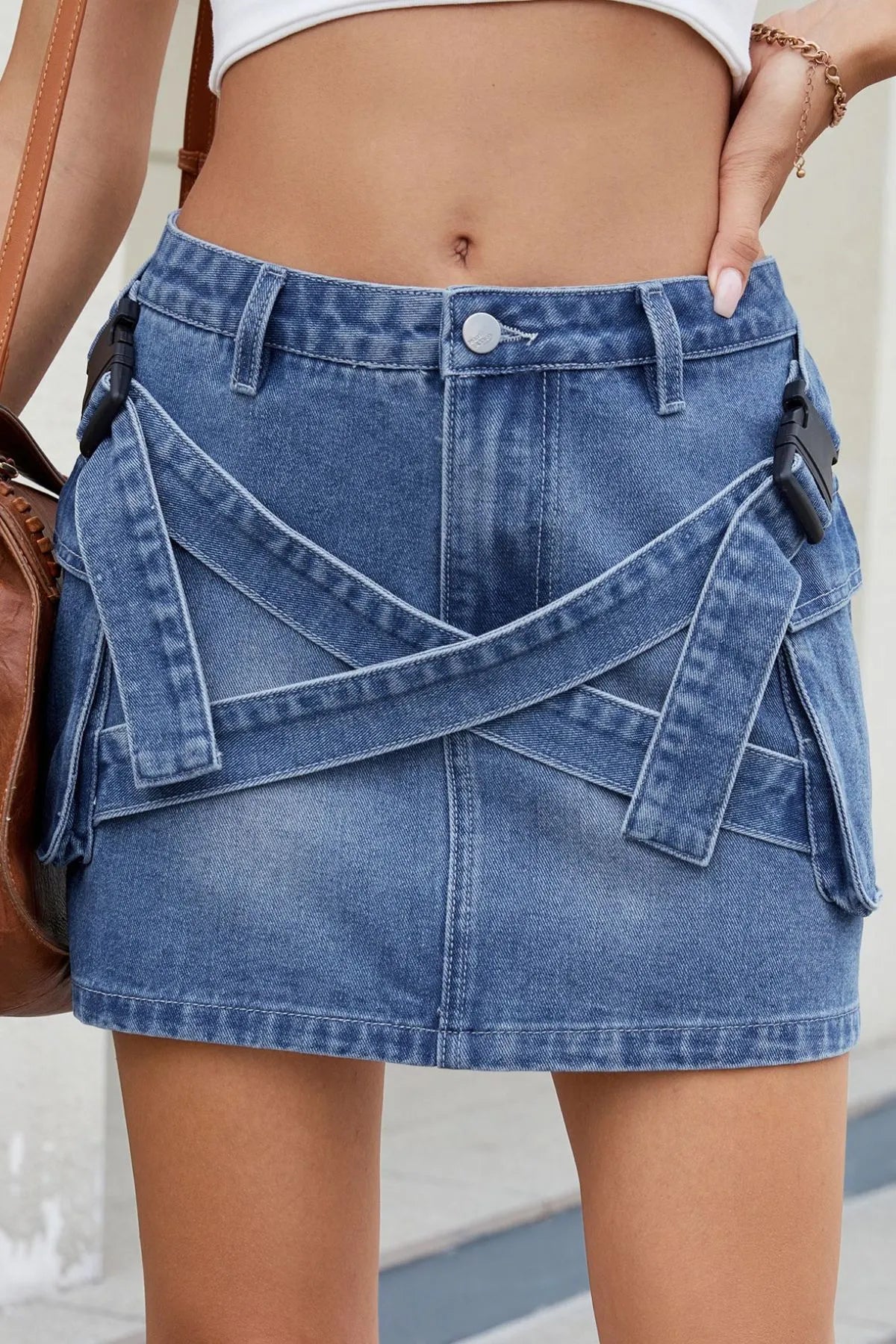 Criss-Cross Waist Detail Denim Mini Skirt