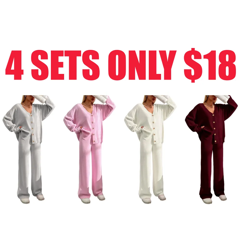 Women's Button Front V-Neck Cardigan & Wide Leg Pants Set