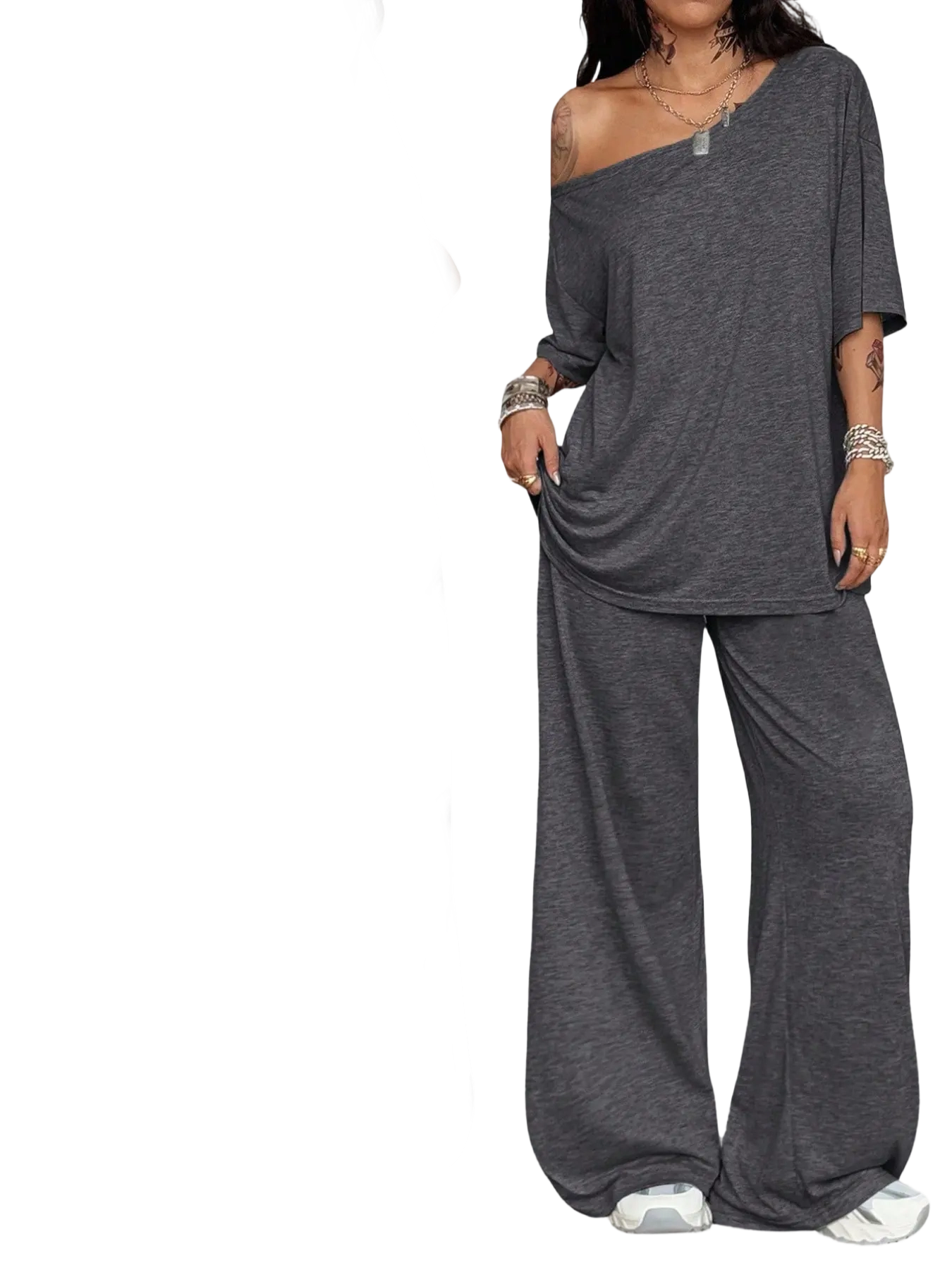 Effortless Comfort Women’s 2-Piece Lounge Set – Loose Fit Top & Wide-Leg Pants