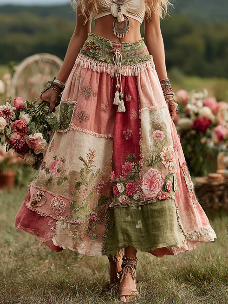 Vintage Boho Rose Floral Patchwork Art Flowy Linen Skirt