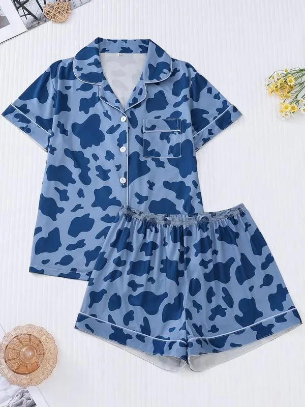 Women's Cow Print Contrast Binding Pyjama Set