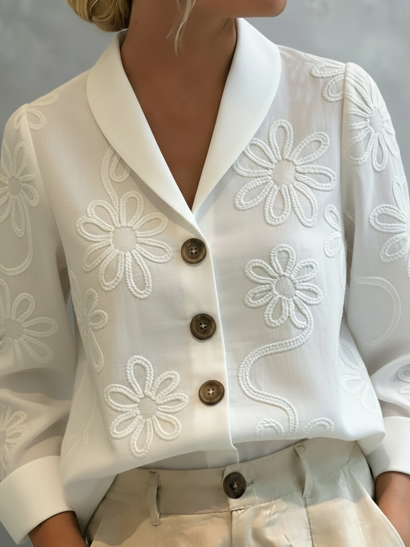 Vintage Floral Embroidered Shawl Collar Blouse