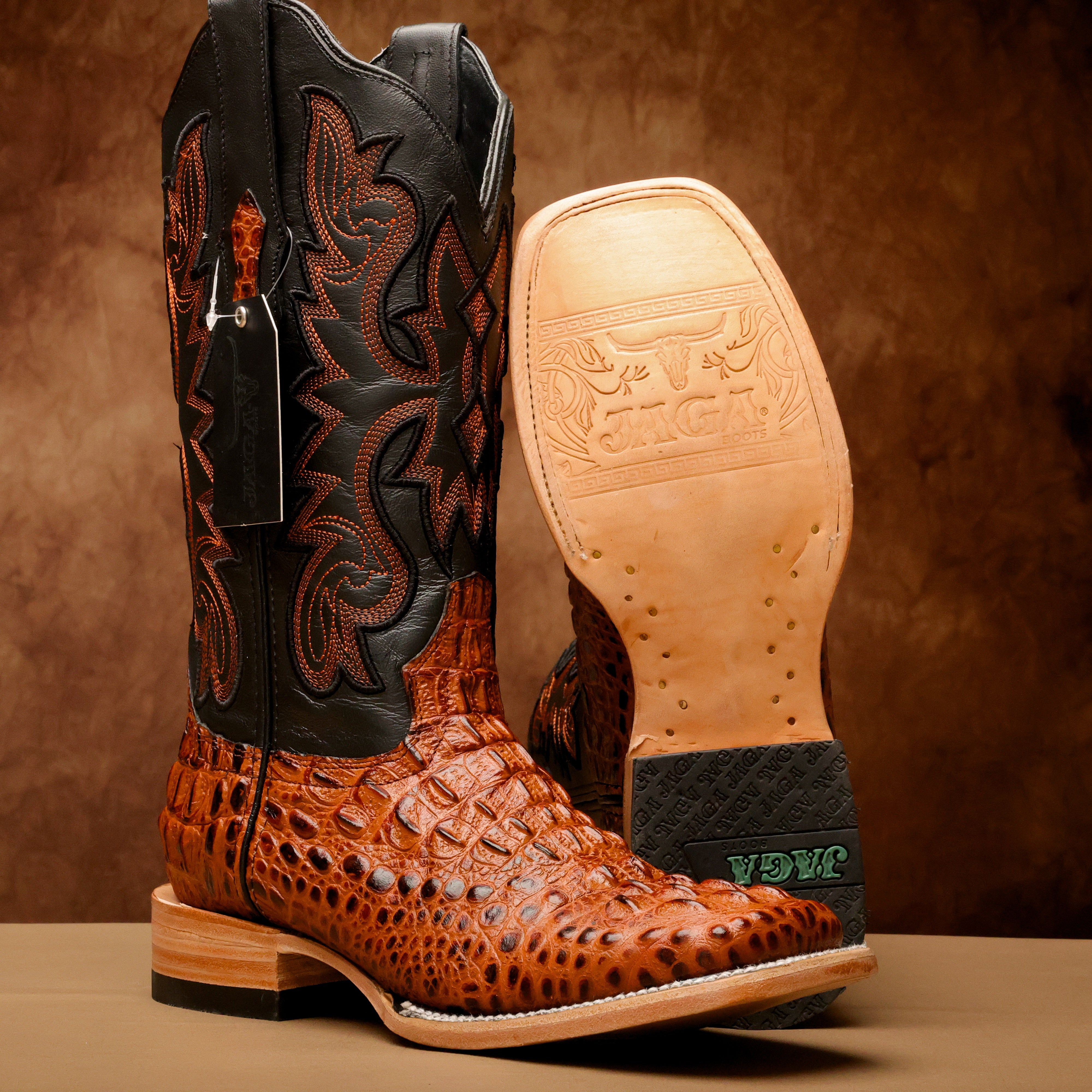 Cognac Caiman Neck Leather Boots - Square Toe