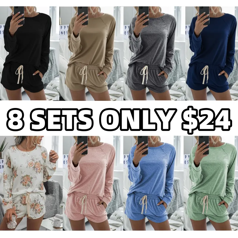 Long Sleeve Round Neck Top & Pocket Shorts Pajamas Set