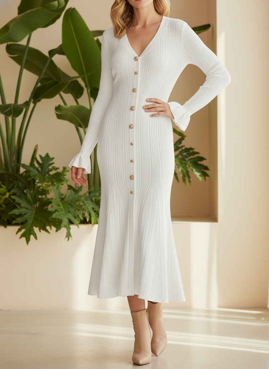 NEW🔥 Casual Solid V-Neck Woolen Dress