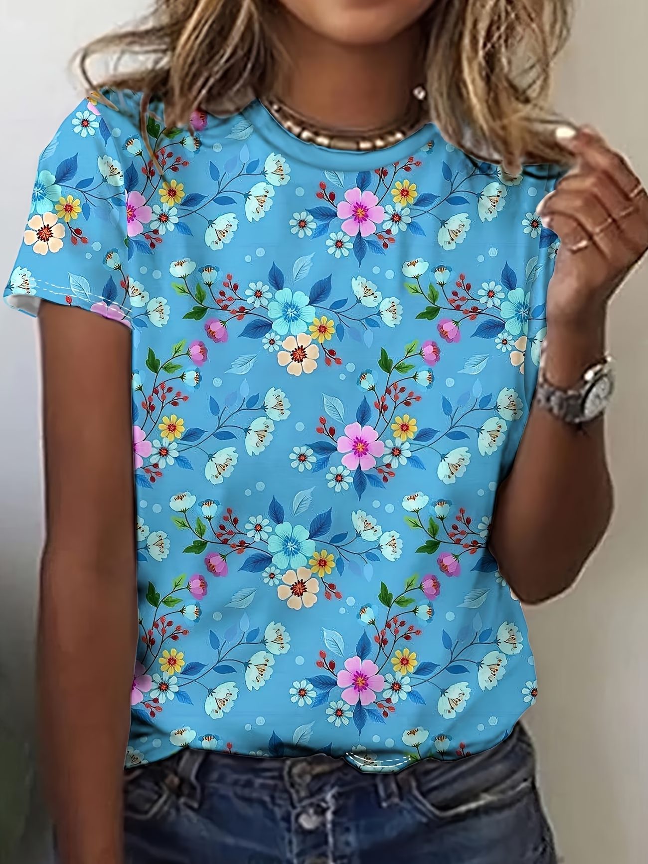 Women's Short Sleeve T-shirt Summer Blue Floral Printing Jersey Crew Neck Daily Going Out Casual Top