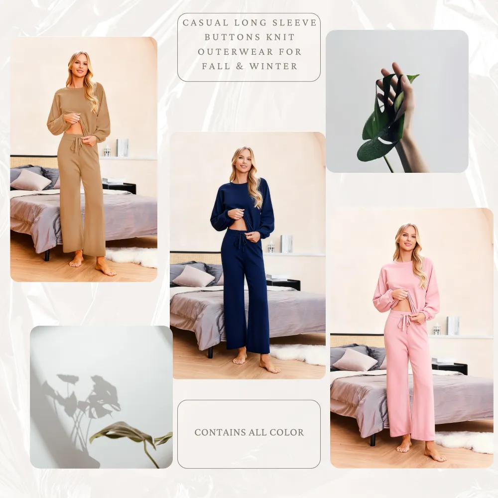 Womens Fall Winter Casual Solid Knitted 2 Piece Sets Long Sleeve Hoodie