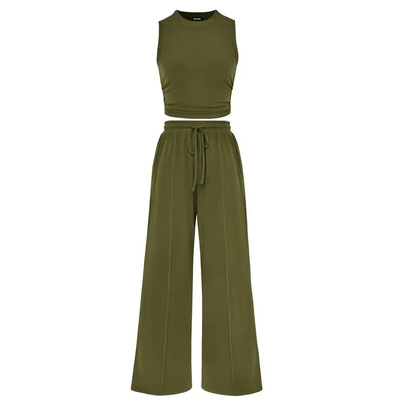 Women's 2-Piece Ribbed Knit Sleeveless Cropped Top & Wide Leg Pants