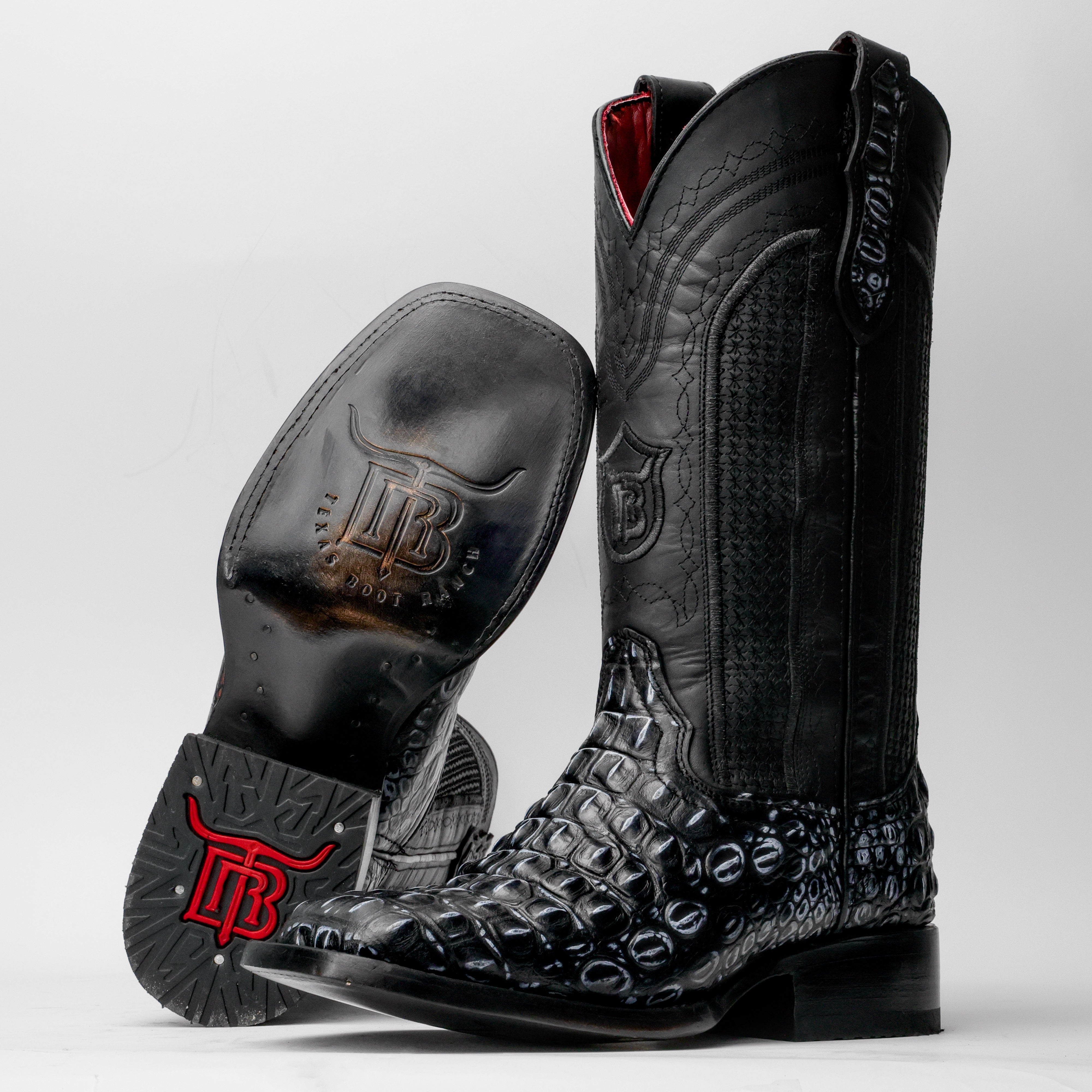 Black/Grey Caiman Hornback Leather Boots - Square Toe