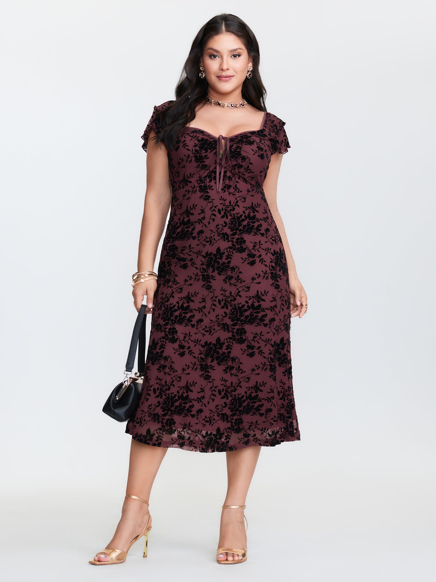 Floral Flocked Mesh Ruched Drawstring Midi Dress