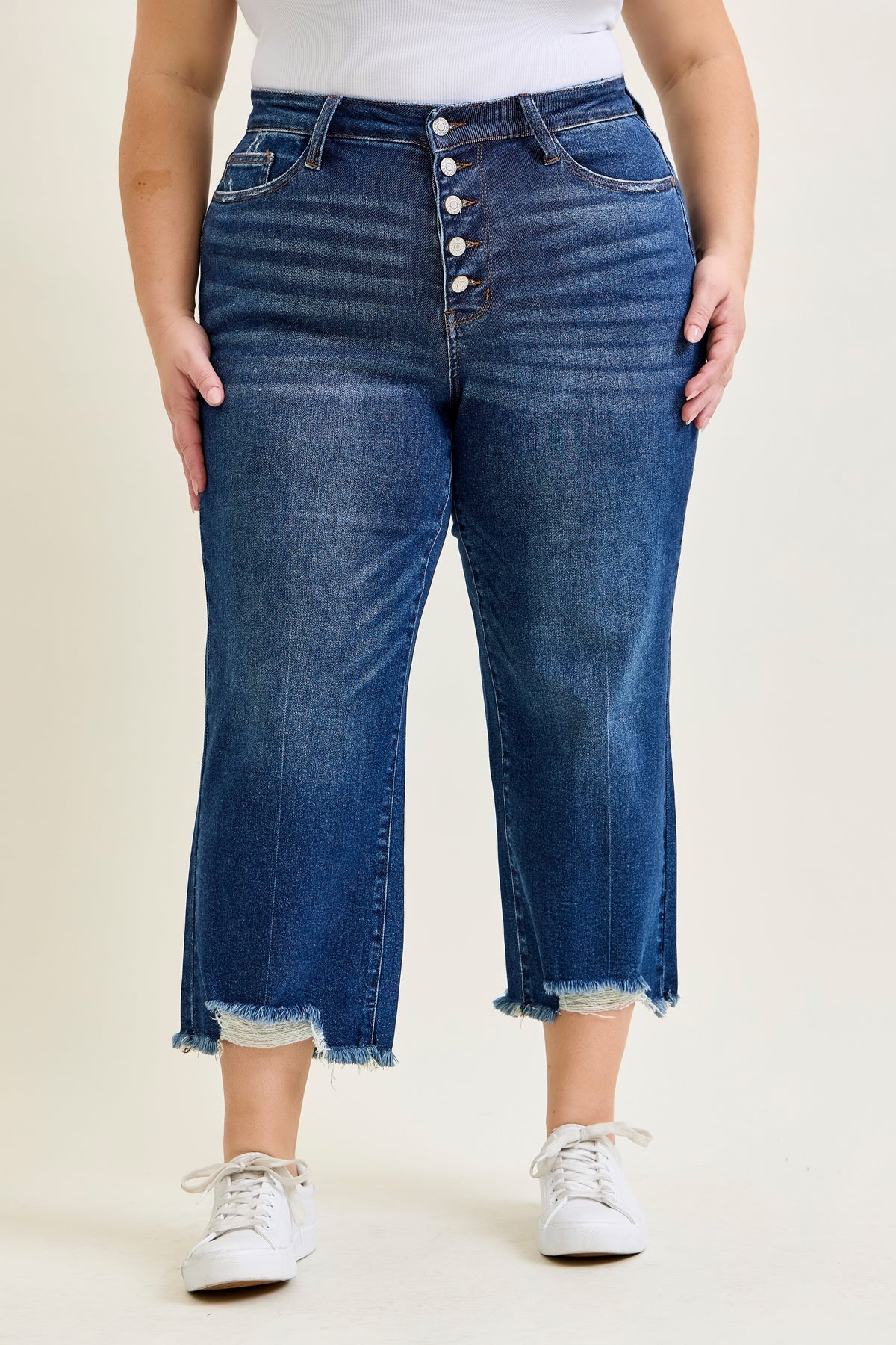 Dottie Button Fly Distressed Hem Crop Wide - PLUS