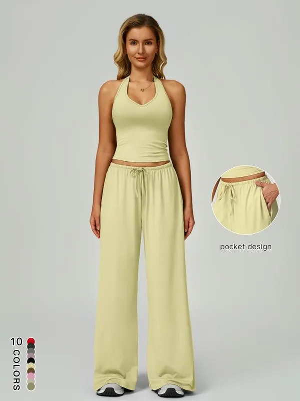 Women's Solid Crop Tank Top & Wide Leg Pants Set
