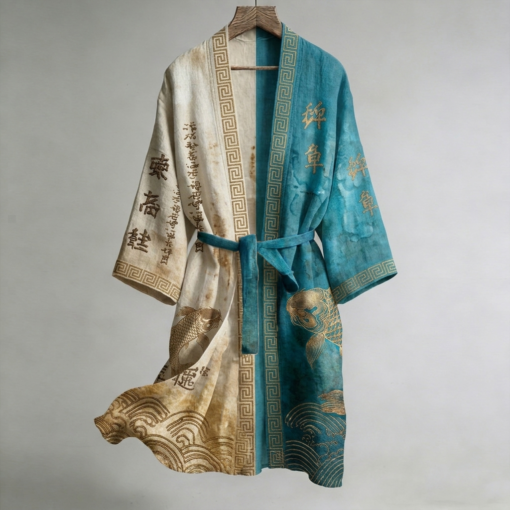 Japanese Calligraphy And Fish Art Combined With Linen Blend Kimono