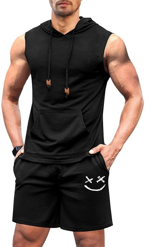 Men's Hoodie Short Set Workout Hooded Tank Top Solid Color 2 Piece Outfit Summer Sleeveless Tracksuits