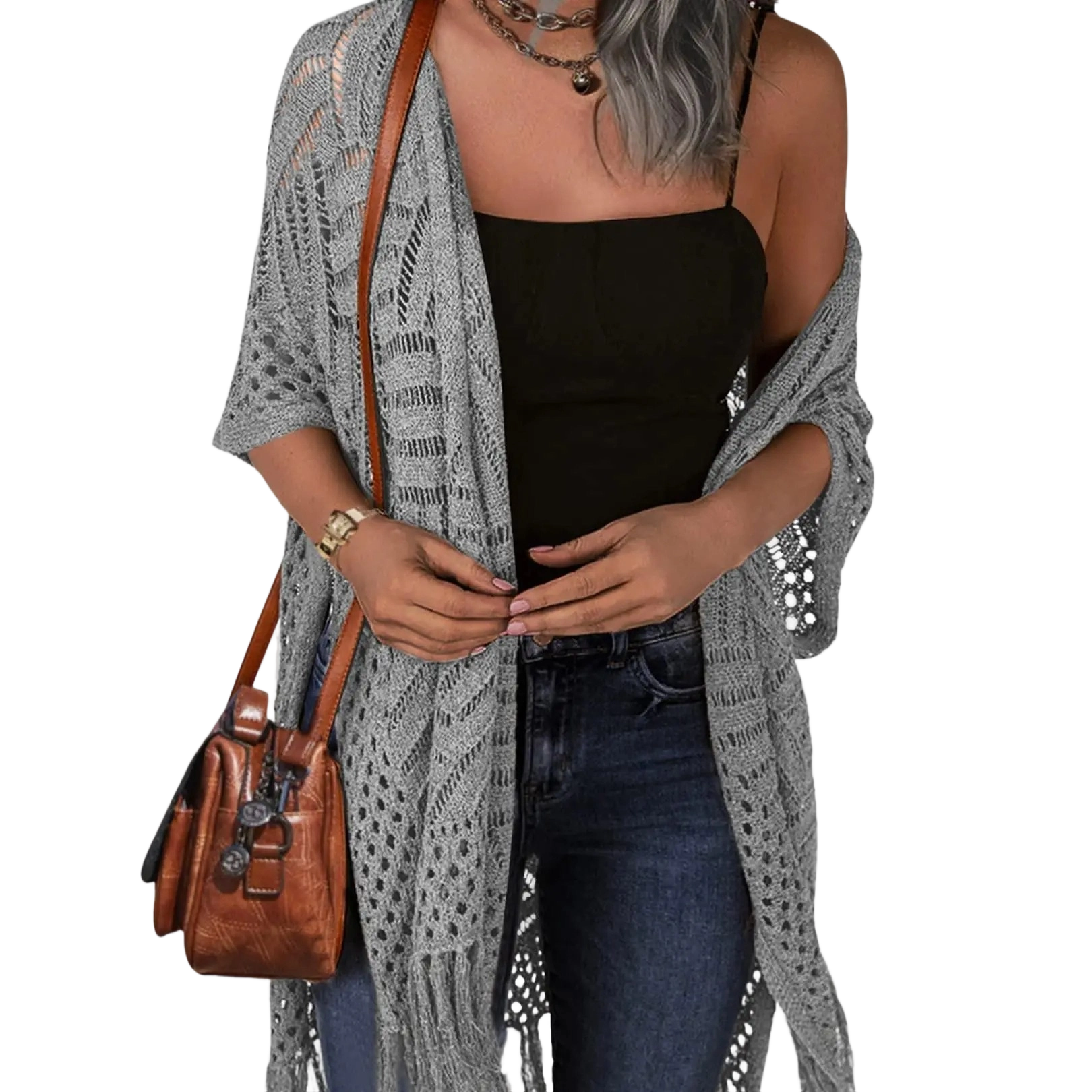 Womens Knit Cardigan Open Front Outwear New Spring & Summer Hollow Out Crochet Tassel Lightweight Kimonos Sweater