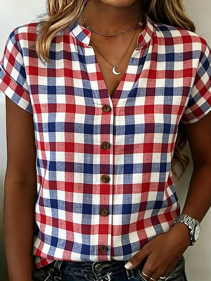Women'S Red And Blue Contrasting Plaid Cotton Leprosy American Independence Day Casual Button Top For Daily Wear
