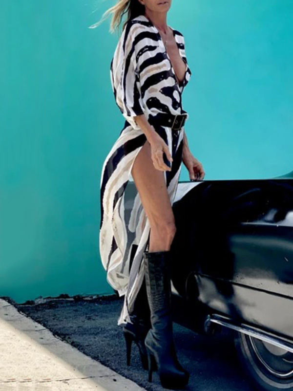 Sexy Zebra Pattern  Half Sleeve Wide Belt Cover-Ups Tops