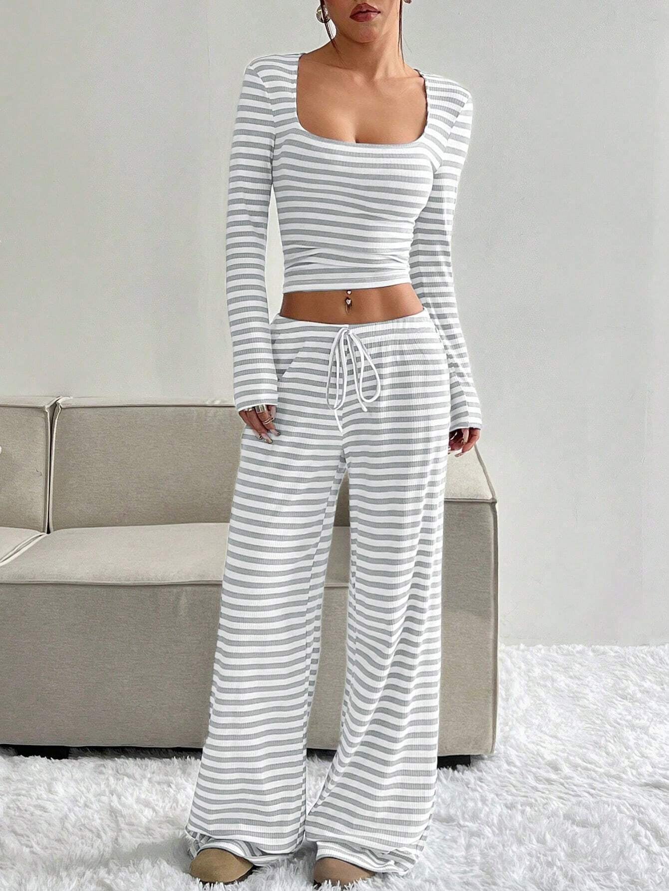 Women's Slouchy Square Neck Stripe Long Sleeve Crop Top & Low-Rise Wide Leg Trousers Co-ord, Minimalist Two Piece Outfits, Cozy Womenswear