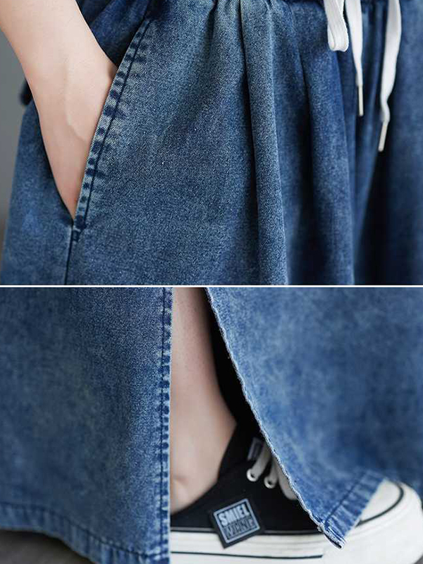 Drawstring Split-Side Loose Wide Leg Trousers Jean Pants Bottoms