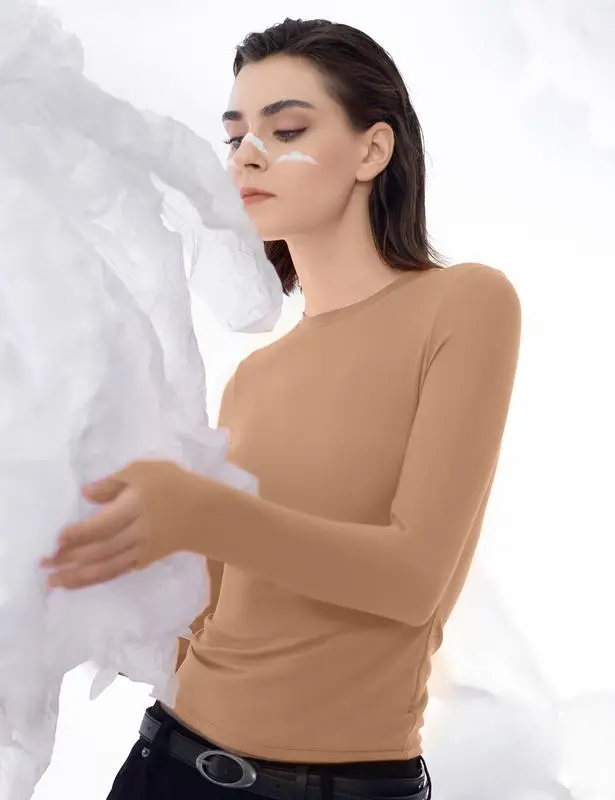 Long Sleeve Basic Tee Women's Crew Neck Slim Fit Tops Streetwear Minimalist Double Layer Compression Tee