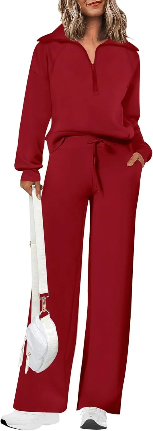 🔥Final Day Clearance!🛒Women's 2 Piece Outfits Casual Lapel Half Zip Sweatshirts And Wide Leg Pants Tracksuit Sets