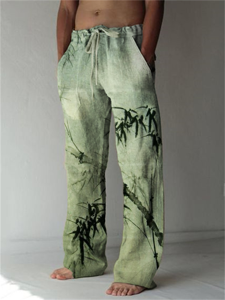 Bamboo Forest Full Moon Japanese Linen Blend Casual Pants