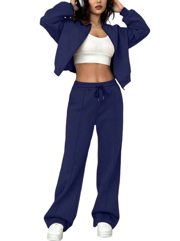 Two-piece Set Women's Solid Zip Up Drop Shoulder Jacket & Pocket Elastic Waist Pants