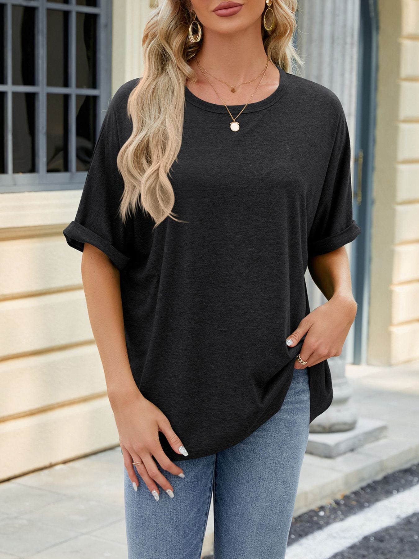 Casual Loose Fit Rolled Sleeve T-Shirt