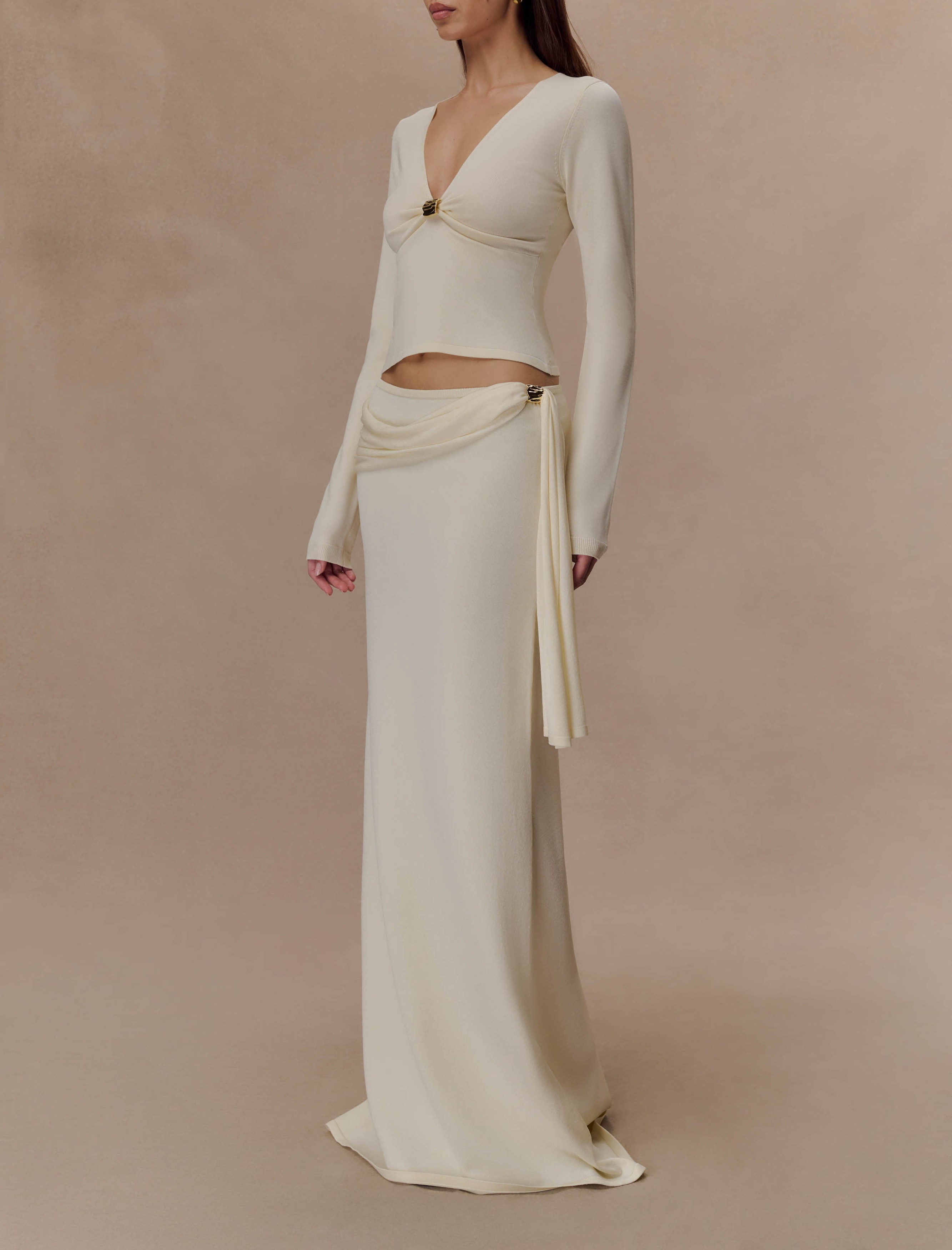 Ivory Front Ruched Knit Long Sleeve Top