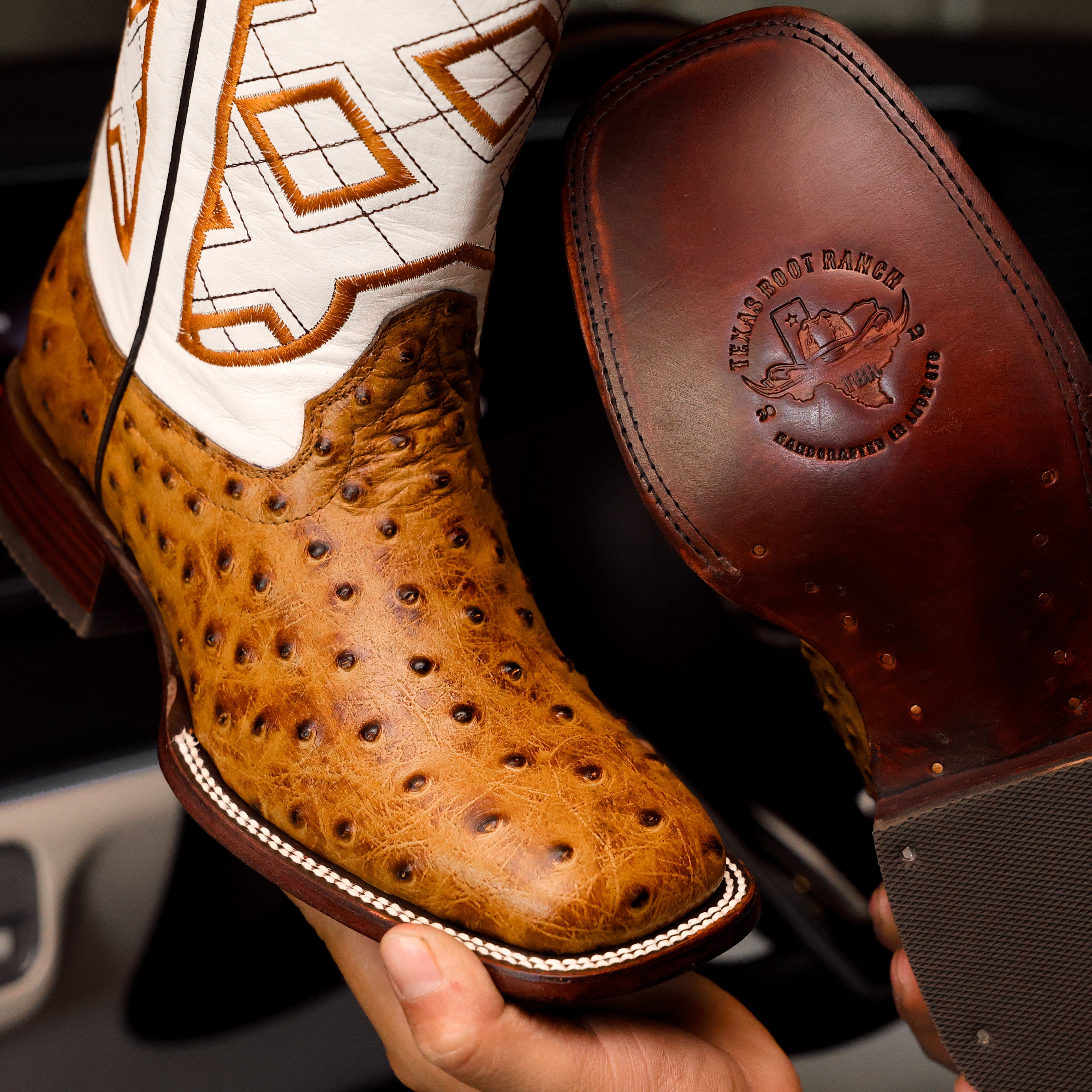 Honey Ostrich Leather Boots - Square Toe