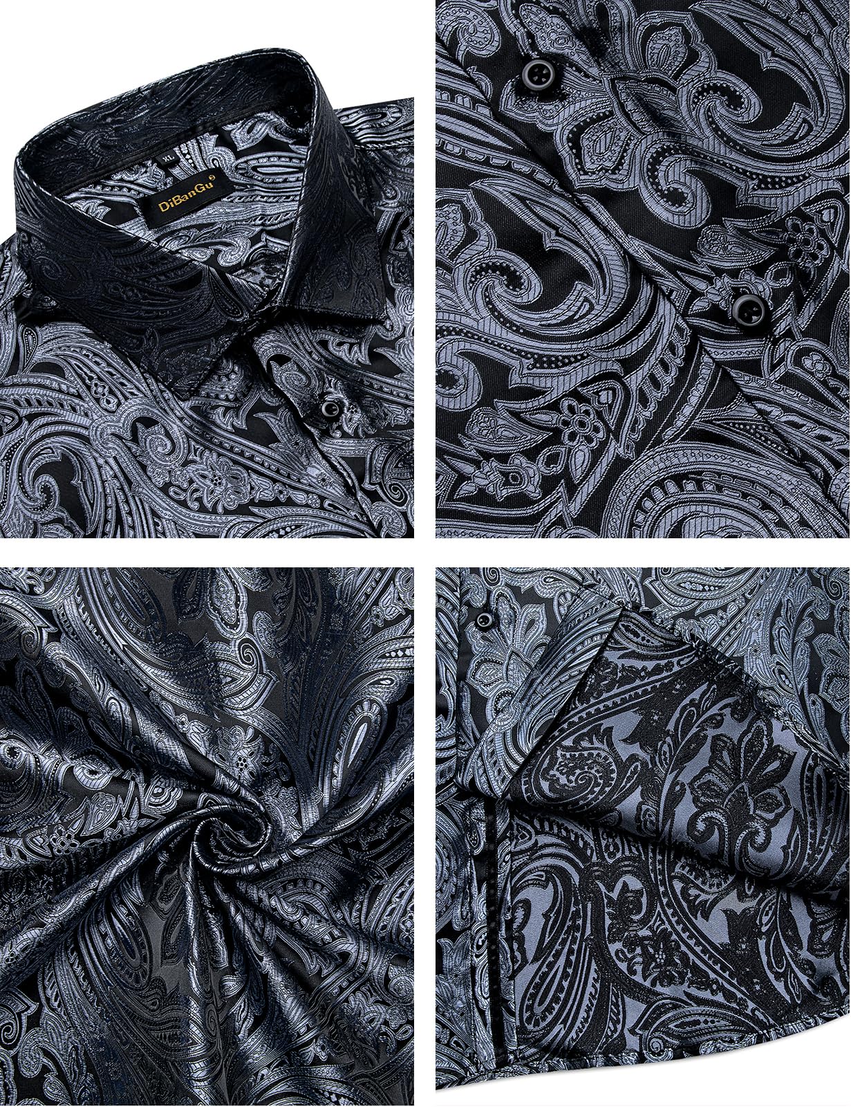 Men's Paisley Dress Shirt Long Sleeve Wrinkle Free Button Down Cowboy Shirts - Silver Black&paisley