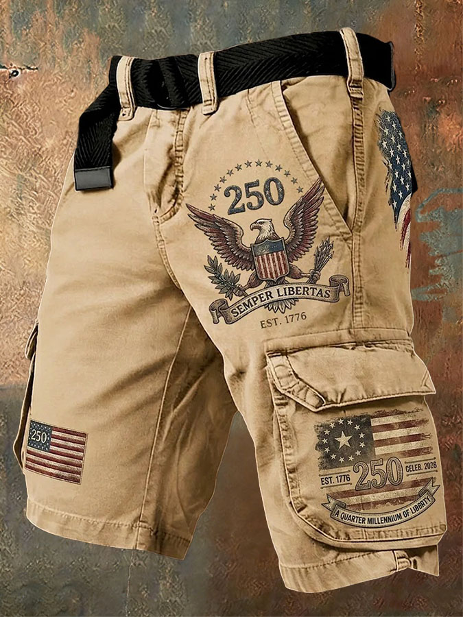 Men'S Retro American Independence Day Anniversary Printed Workwear Shorts (Excluding Waistband)