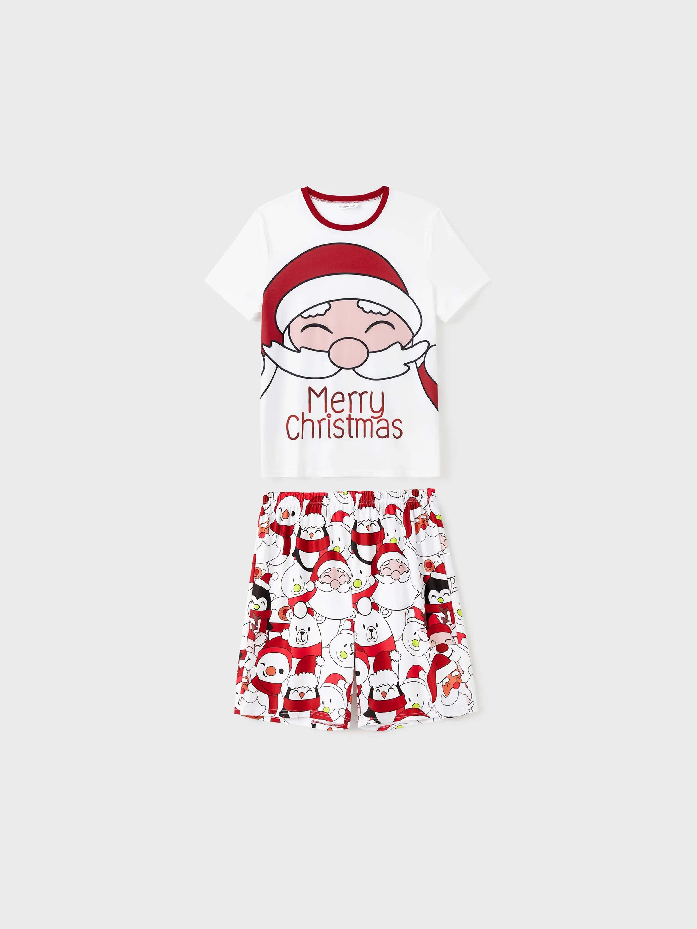 Christmas Santa and Snowman Print Family Matching Short-sleeve Tops and Shorts Pajamas Sets White