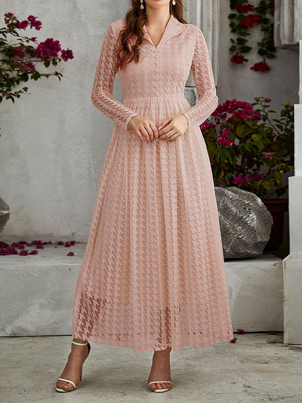 Buttoned Gauze See-Through Solid Color High Waisted Long Sleeves V-Neck Maxi Dresses