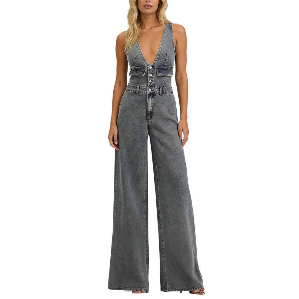 Womens Half Button Denim Jumpsuit Sleeveless V Neck Wide Leg Jeans Overall One Piece Outfits