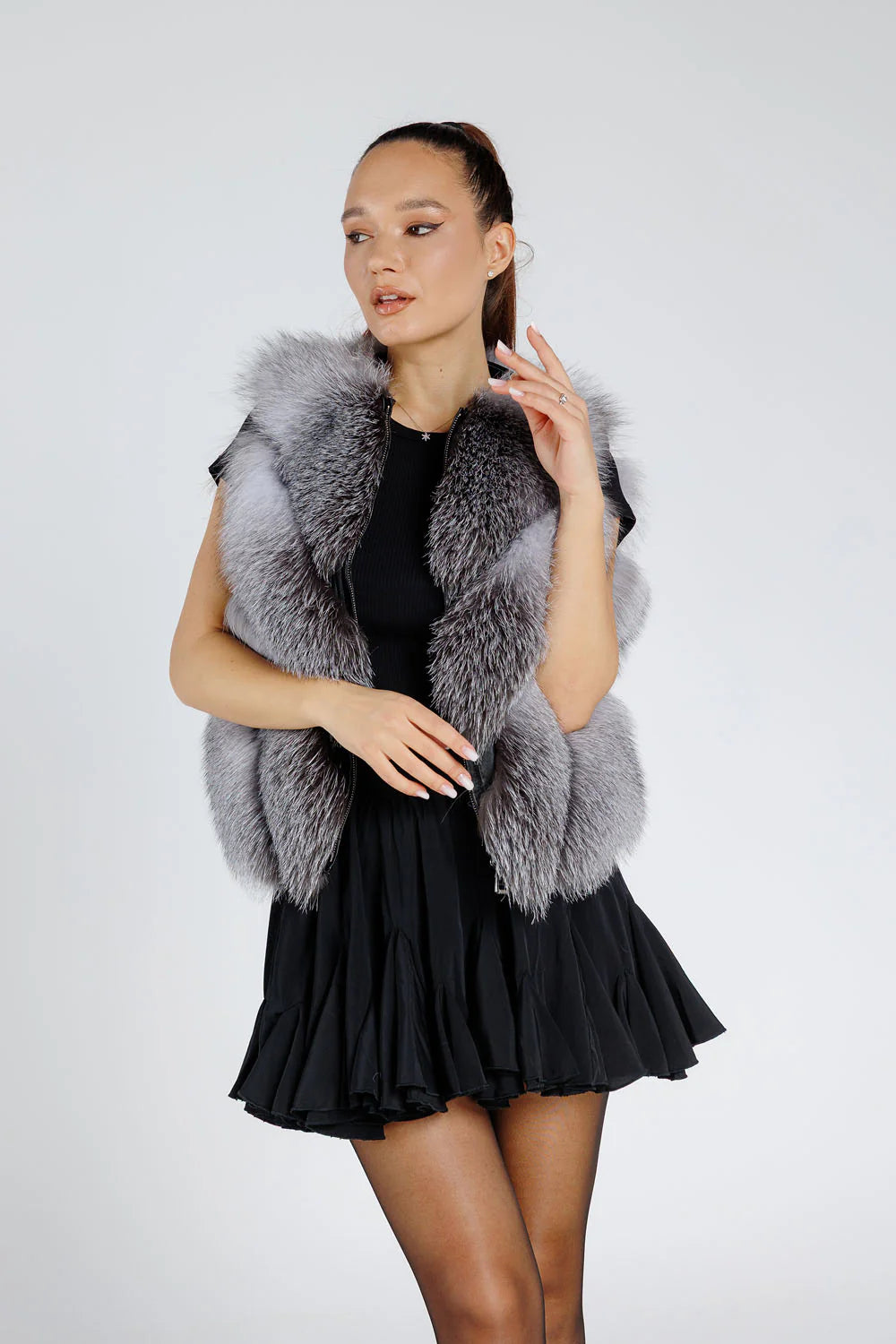 Haină din Blană Naturală de Vulpe Argintie, Transformabilă, V Model, cu Glugă Detașabilă, Femei, Grey Frost 379