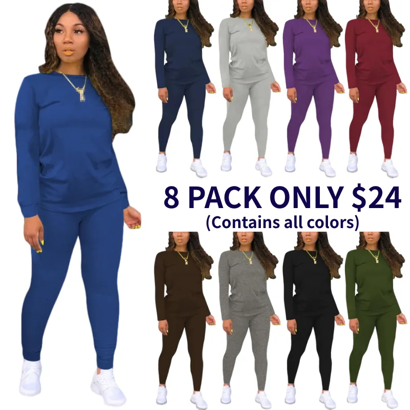 Women's Minimalist Chic Solid Long Sleeve Tee & Elastic Waist Pants Set