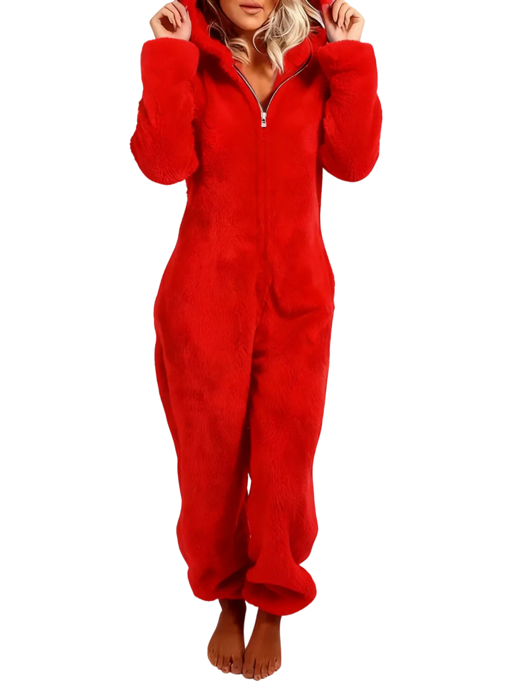 Women's Solid Zipper Hooded Plush Pajama Jumpsuit