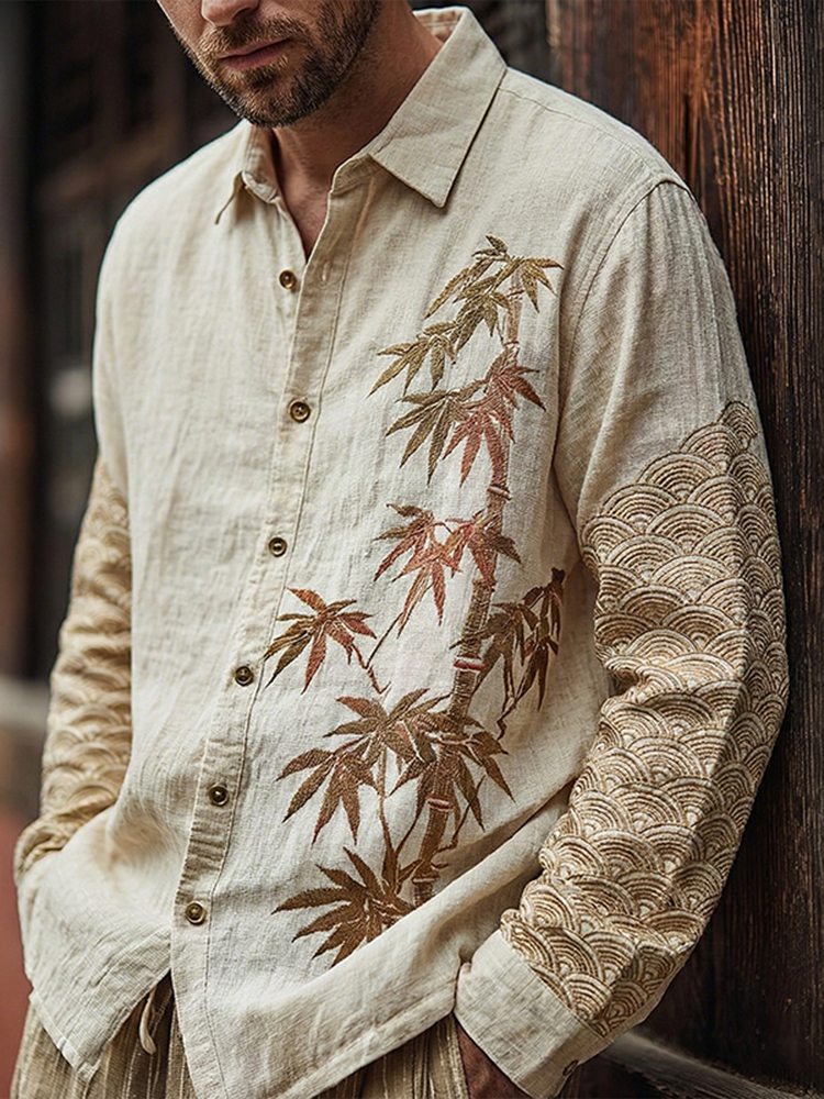 Men's Japanese Bamboo Art Print Long Sleeve Shirt