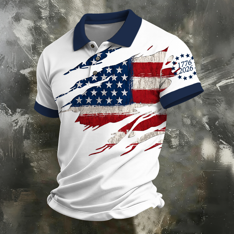 Men'S Independence Day Retro Casual Printed Polo Shirt Short Sleeve