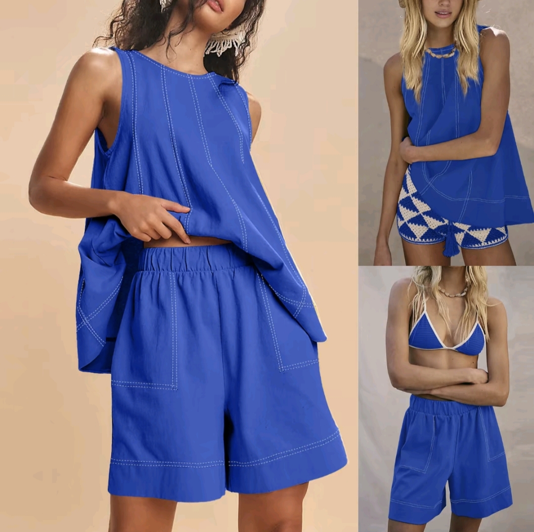 SCUSTY Women's 2-Piece Sleeveless Outfits SetA-Line Tank Tops Paired with High-Waist Shortswith Pockets