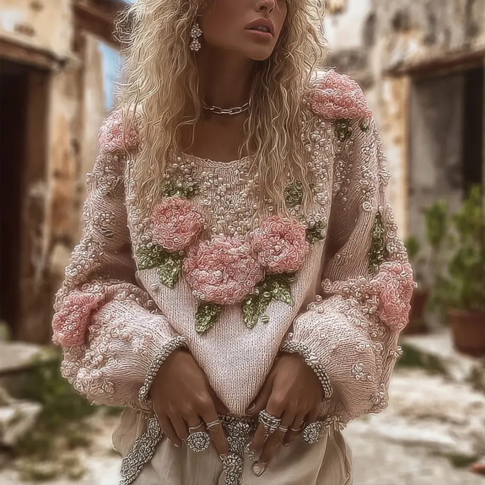 Women's Vintage Floral Round-neck Long-sleeved Warm And Thick Sweater