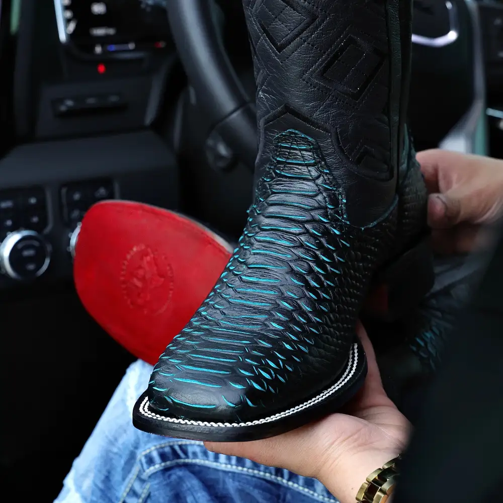Black & Aqua Python Leather Boots - Square Toe