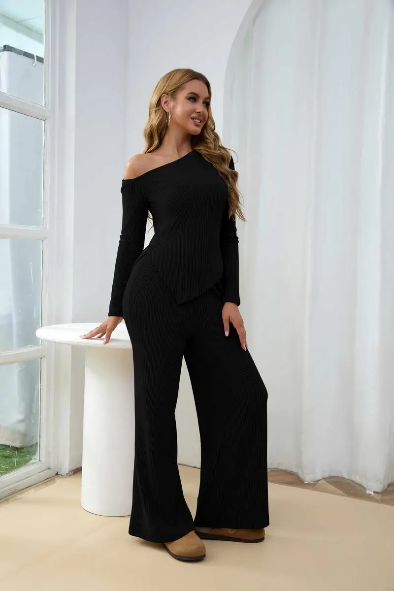 Chic Sherpa Set for Women Asymmetric Shoulder Top & High Waist Wide Leg Pants