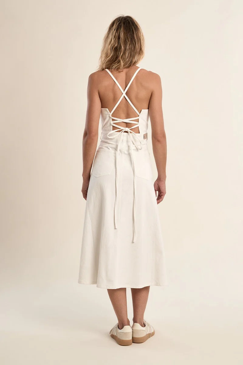 Tie Back Denim Dress in Off White